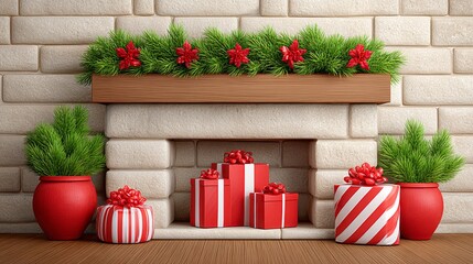 3D render of a Christmas fireplace scene with flying ornaments and presents