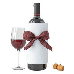 Red wine, glass, gift wrapped bottle, corks