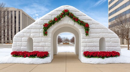 A North Pole welcome archway made of ice and garland