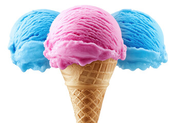 Three scoops of ice cream, pink middle, on waffle cone