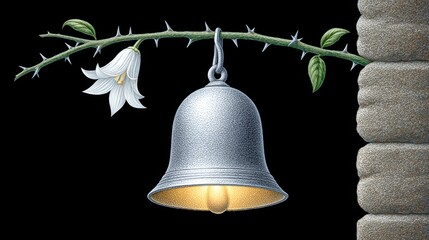 A bell with cracks and silver thorns hanging in a dark cathedral