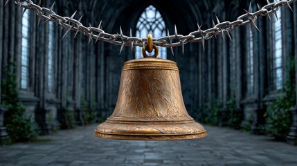 A bell with cracks and silver thorns hanging in a dark cathedral