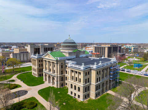 Lucas County Courthouse aerial view at 700 Adams Street in downtown Toledo, Ohio OH, USA. 