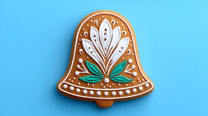 A bell-shaped gingerbread cookie decorated with white icing