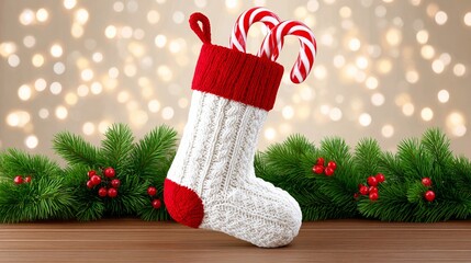 A candy cane sticking out of a Christmas stocking by the fire