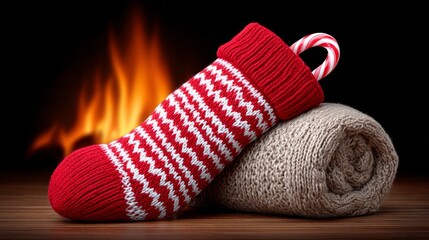 A candy cane sticking out of a Christmas stocking by the fire