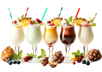 Fruity cocktails, straws, garnishes, and fruit pieces