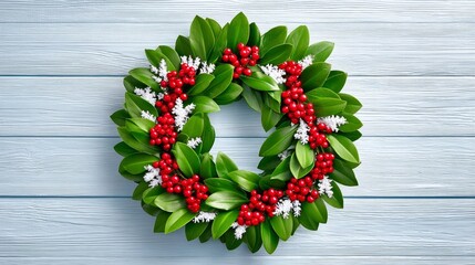 A classic holly wreath with red berries on a snowy wall
