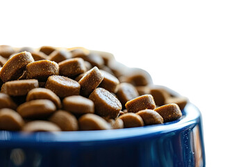 Blue bowl filled with brown, small kibble