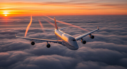 Airplane flying above clouds at sunset with contrails.
