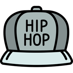 Stylized illustration of a light blue and grey hip hop baseball cap with the text hip hop prominently displayed on the front in black outline on a transparent background