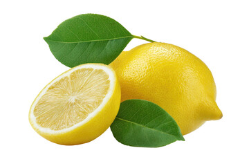Yellow lemons w/ green leaves, one cut in half