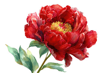 Watercolor red peony bloom with yellow center, green leaves