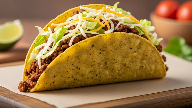 Close-Up Mexican Beef Taco with Lettuce and Cheese – Crunchy Shell Street Food Photography
