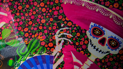 Day of the death pattern in fabric, colorfull día de muertos mexican traidtion