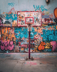 Street basketball hoop with colorful graffiti wall background in urban outdoor court setting