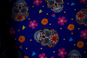 Day of the death pattern in fabric, colorfull día de muertos mexican traidtion