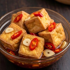 Indonesian fried tofu served with spicy sweet soy sauce and shallots.