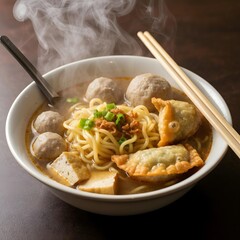 Traditional Indonesian meatball soup served hot in a bowl with noodles, tofu, and savory broth.