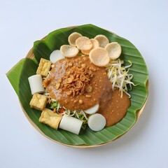 Traditional Jakarta street food made with rice cake, tofu, rice noodles, and peanut sauce.