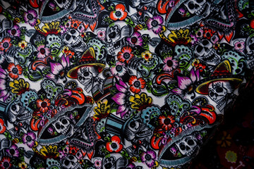 Day of the death pattern in fabric, colorfull día de muertos mexican traidtion