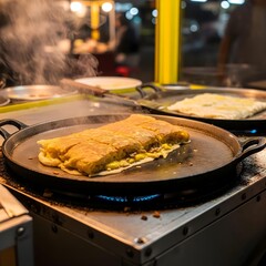 Indonesian stuffed savory pancake cooked on a hot pan, filled with egg, minced meat, and onion.