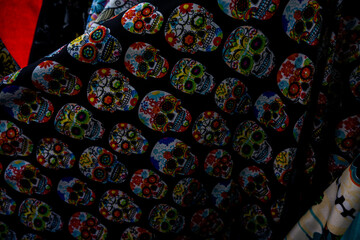 Day of the death pattern in fabric, colorfull día de muertos mexican traidtion