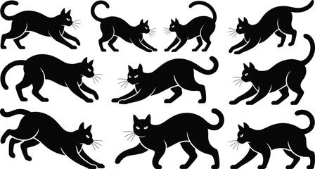 Black cat silhouettes in prowling and stalking poses, feline hunting behavior illustrations, elegant domestic animal movement set