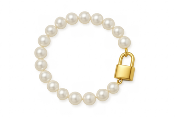 Pearl bracelet with gold padlock charm on transparent background