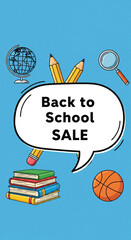 Back to school sale concept with speech bubble, globe, pencils, magnifying glass, books, basketball on blue background, cheerful and inviting for students and parents