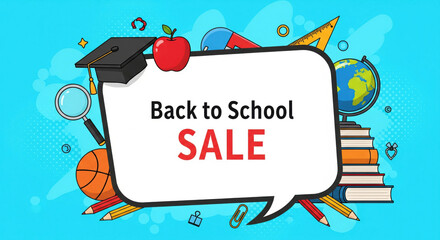 Fototapeta premium Back to school sale colorful education supplies books globe basketball magnifying glass ruler pencil graduation cap apple cheerful blue background