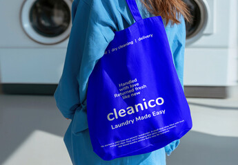 Blue Tote Bag Near Laundromat Mockup PSD