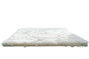 Soft, white, rectangular shag rug, side view