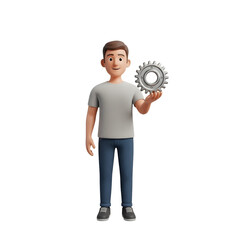 A person holding a gear, suggesting mechanics and teamwork. 
