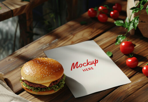 Burger Mockup On Wooden Table PSD