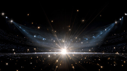 sparkle effect with spotlight and glowing light on abstract stadium scene, flare burst, glitter disco flash, futuristic glow, beam, laser ray, magic lens, transparent background vector shine