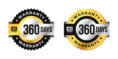 Premium 360 days warranty circle badge vector with black, gold and silver colors. Perfect for product guarantee, icon, logo, symbol, seal, stickers, quality assurance, label, certification