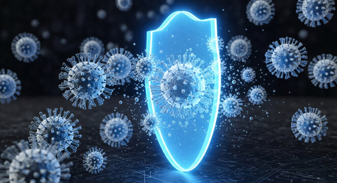 A glowing blue shield acts as a powerful barrier, representing the immune system's defense against invading virus cells in a futuristic concept