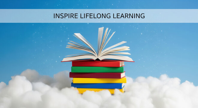 Open book on colorful stack of books, floating above white clouds with blue sky background, promotes inspire lifelong learning and educational motivation