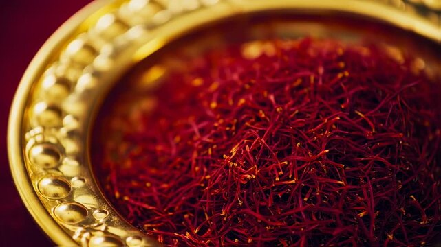 Saffron threads in a gold bowl close up, vibrant red spice detail food video
