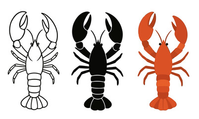 Vector Lobster, 3 versions, outline, silhouette and colored