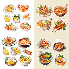 Colorful watercolor illustration of Southeast Asian dishes such as tom yum, satay, curry, and rice noodles. Great for restaurant menus, travel guides, and recipe blogs.