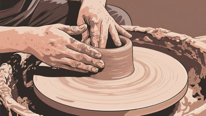 Hands shaping clay on a pottery wheel to create a vessel in an artistic studio