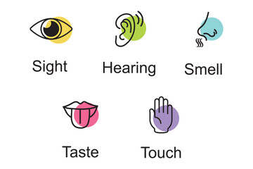 Human senses icon set. Vision eye, smell nose, hearing ear, touch hand, taste mouth with tongue. Simple line icons and black circle. Five senses of human nervous system. Vector illustration. EPS 10.