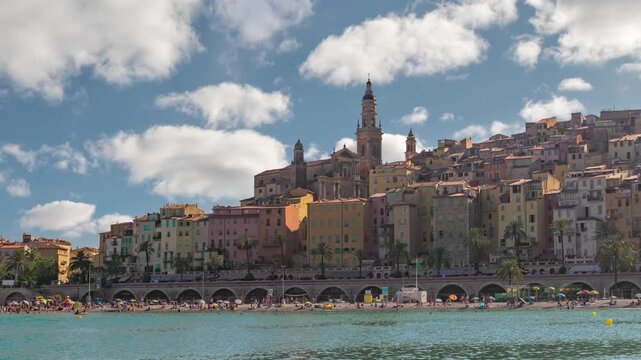 Menton France time lapse city skyline at Menton beach