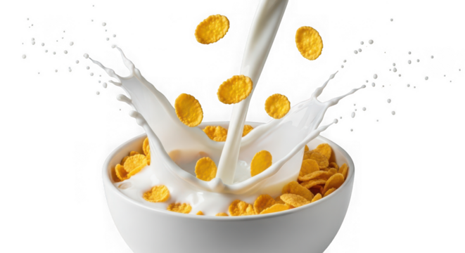 Milk pouring into a bowl of cornflakes isolated on transparent background, breakfast time