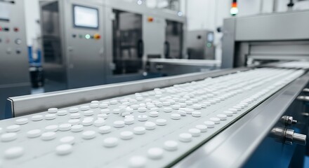 Pills on Conveyor Belt - Pharmaceutical Manufacturing and Quality Control.