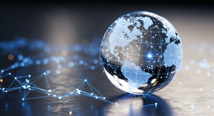 Dynamic visualization of a glowing Earth globe illustrating global digital communication, interconnected data networks, and advanced technology concepts for worldwide connectivity and innovation