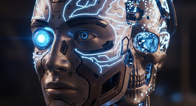 Close-up of a futuristic humanoid robot's face with glowing blue circuitry and a bright blue eye