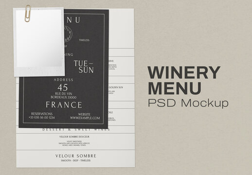 Elegant Winery Menu Mockup Template PSD